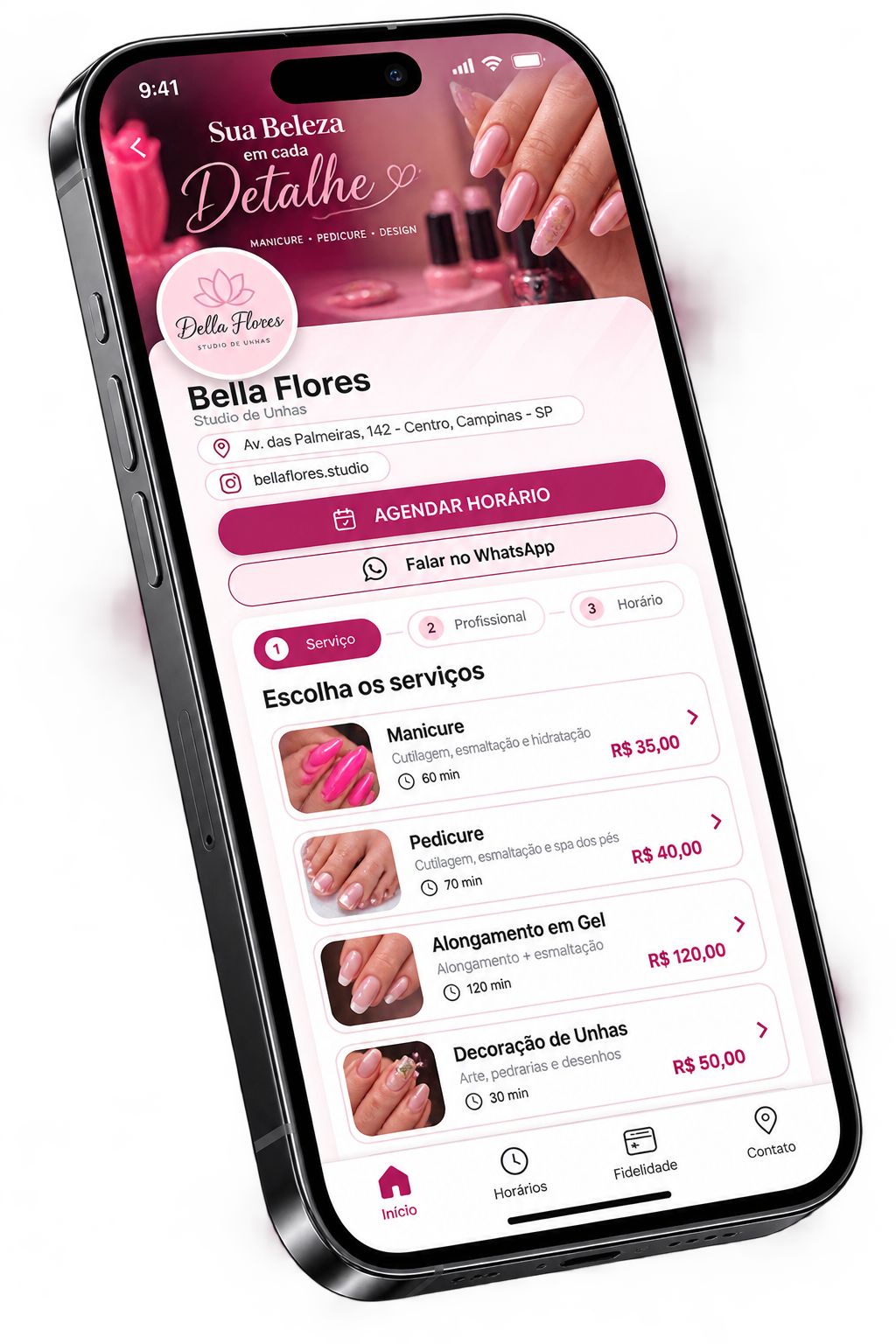 Página de agendamento online do Agenda Lite configurada para um studio de unhas